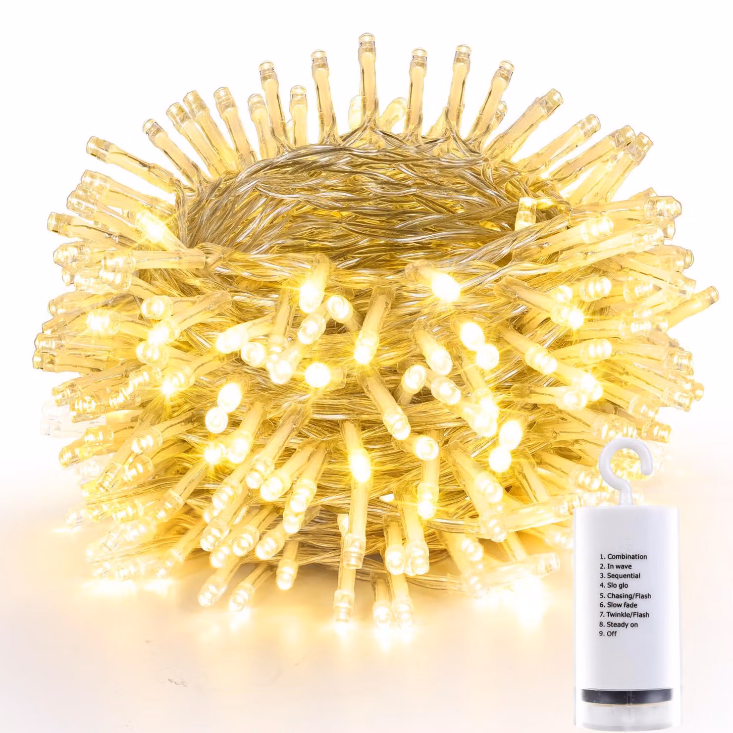 Catena luminosa a LED, 20 metri, 200 LED bianco caldo, alimentazione a batteria, timer, grado di protezione IP65