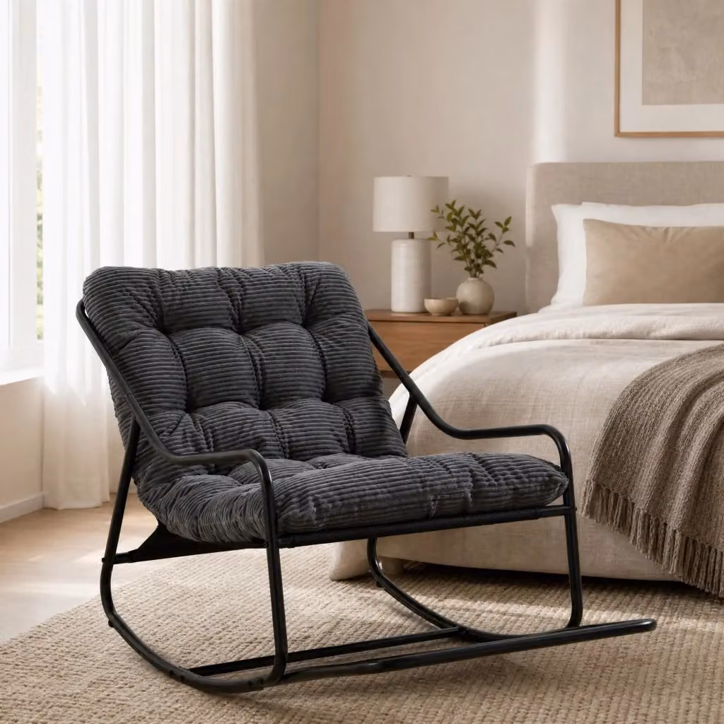 Sedia a dondolo da esterno MODFU con cuscino spesso in metallo, grigio e nero, L/P/H: 75 x 116 x 82 cm – 2