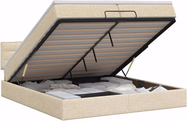 Letto ottomano con contenitore a sollevamento e materasso ibrido vidaXL, colore beige, L/P/H: 200 x 200 x 88 cm