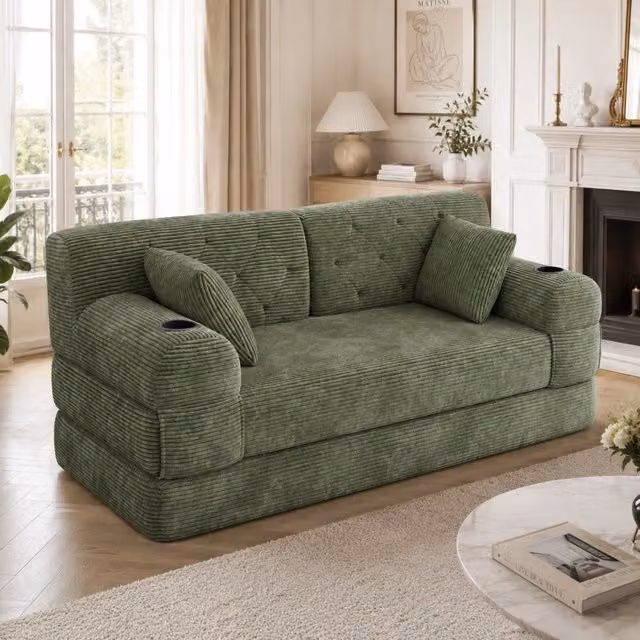 Divano letto 168x80x81 cm con schienale alto; 4 tasche e 2 portabicchieri in velluto a coste verde