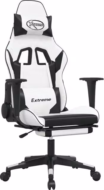 Sedia da Gaming Sportiva con Poggiapiedi e Poggiatesta, Bianco e Nero in Similpelle