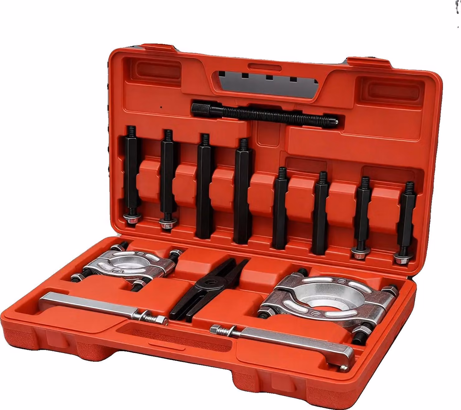 Set di estrattori per cuscinetti, #45 Acciaio al carbonio, dimensioni della cassetta degli attrezzi: 39*23*7 cm, dimensioni dell'imballaggio: 41*25*9 cm, compatibilità con dischi piccoli: 30-50 mm, compatibilità con dischi grandi: 75-95 mm