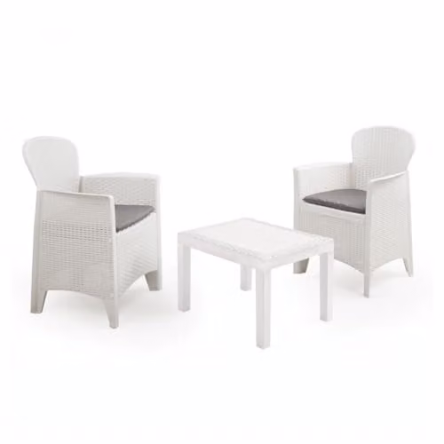 OISE ART STORE Trade Shop - Set Salotto con Tavolino 2 Poltrone Bianco Effetto Rattan con Cuscini Giardino 591073 -