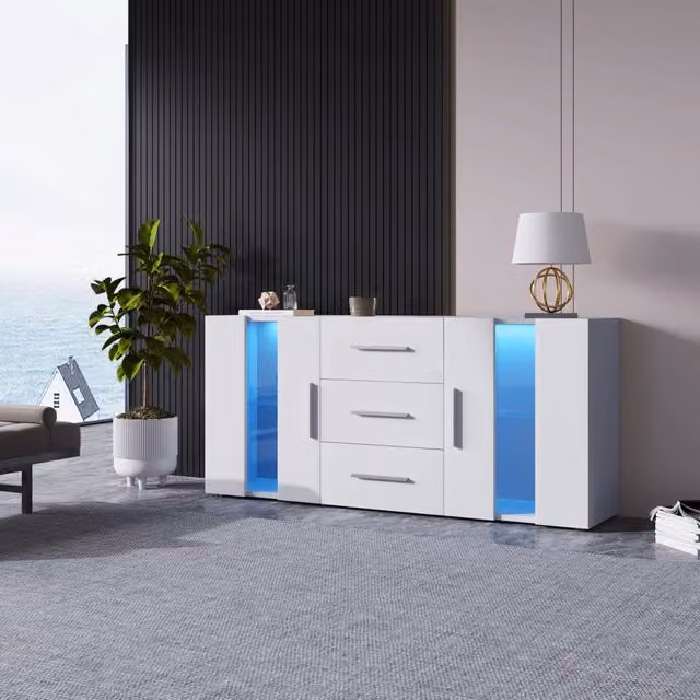 Credenza moderna Zephmum con luci LED bianca lucida L/P/H: 140 x 35 x 70 cm