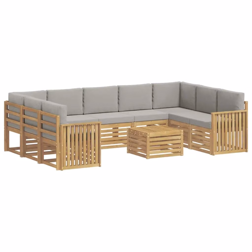 Set di divani da esterno vidaXL in legno di acacia con cuscini, composizione a L con tavolino, Bianco e Grigio – 2