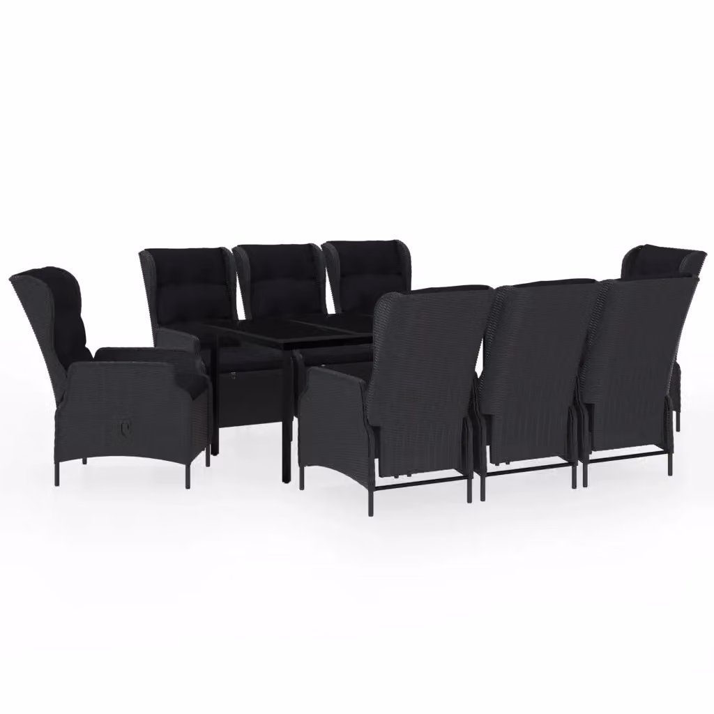 Set da pranzo da giardino moderno vidaXL in metallo e rattan con piano in vetro, 9 pezzi, Grigio e Nero – 2