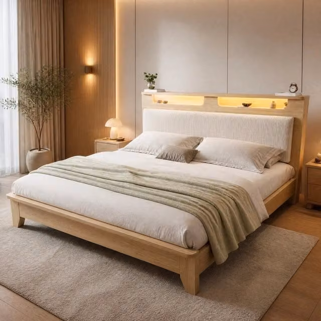 Letto matrimoniale Mivray in legno rovere chiaro con testiera a nicchia LED, ripiani laterali e tessuto a coste beige, L/P/H: 140 x 200 x 110 cm
