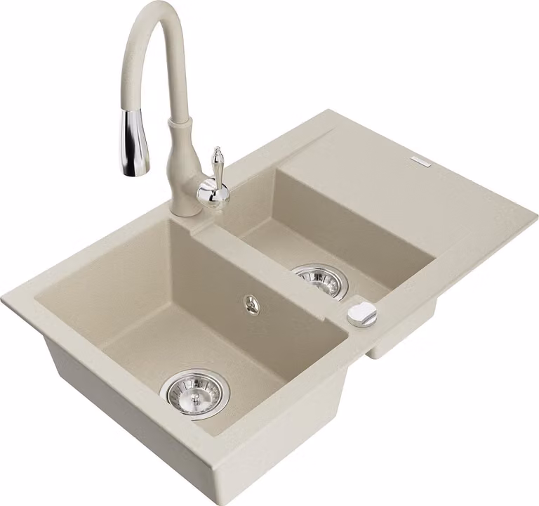 Mexen Gaspar lavello in granito 1,5 vasche con sgocciolatoio e rubinetto da cucina Savita, beige - 6507-69-672601-69