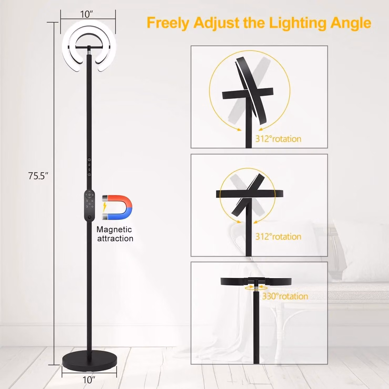 Lampada da terra - Lampada da terra a LED - Altezza 1,9 m - 2 anelli luminosi orientabili a 312° - Intensità regolabile - 6-10 W - Telecomando - Colore nero