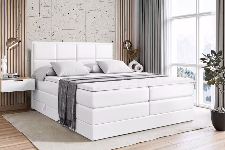 Letto boxspring ALTDECOR con 2 materassi e topper - 140x200 cm - NOVA KING - Pelle finta bianca - Letto imbottito con materassi H3 e H4, contenitore e rete a doghe, letto con spazio contenitivo