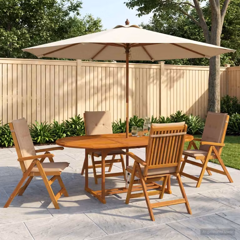 Set da pranzo da giardino vidaXL in legno di acacia naturale composto da 5 pezzi con tavolo rotondo e sedie beige e marroni