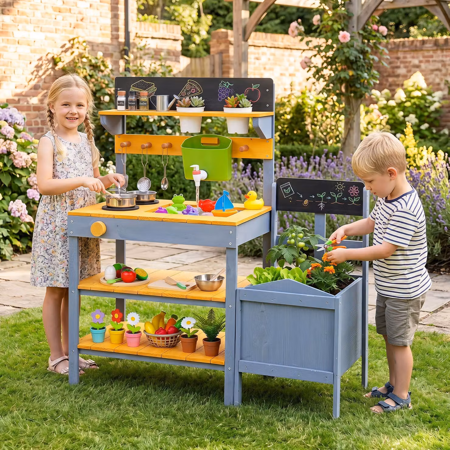 Cucina da gioco per bambini Costway in legno multicolore con fioriera, lavello e accessori per esterno