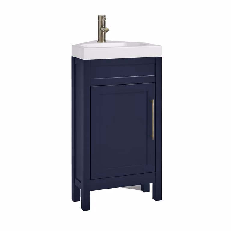 Mobile Bagno Angolare Blu Marino da 450mm con Lavabo e Maniglia Moderna con Barra a T in Ottone Spazzolato - Warwick
