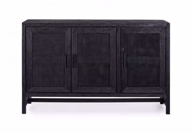 Credenza Weston GIORDANOSHOP in legno di mango e rattan con 3 ante, colore nero, L: 125 cm, P: 35 cm, H: 80 cm – 2