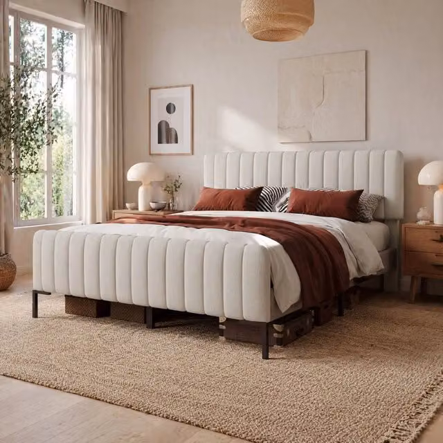 Letto REDOM moderno con testiera regolabile in lino grigio e beige, L/P/H: 160 x 200 x 107 cm