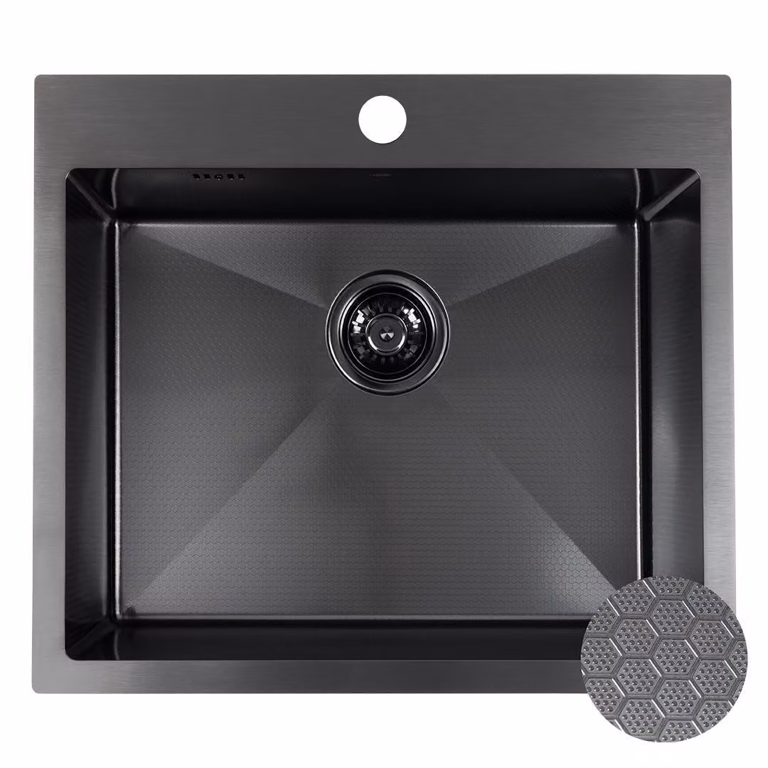 Lavello in acciaio inossidabile, 1 vasca, lunghezza 500 mm, profondità della vasca 580 mm, altezza 200 mm, finitura superficiale: effetto alveare, colore nero