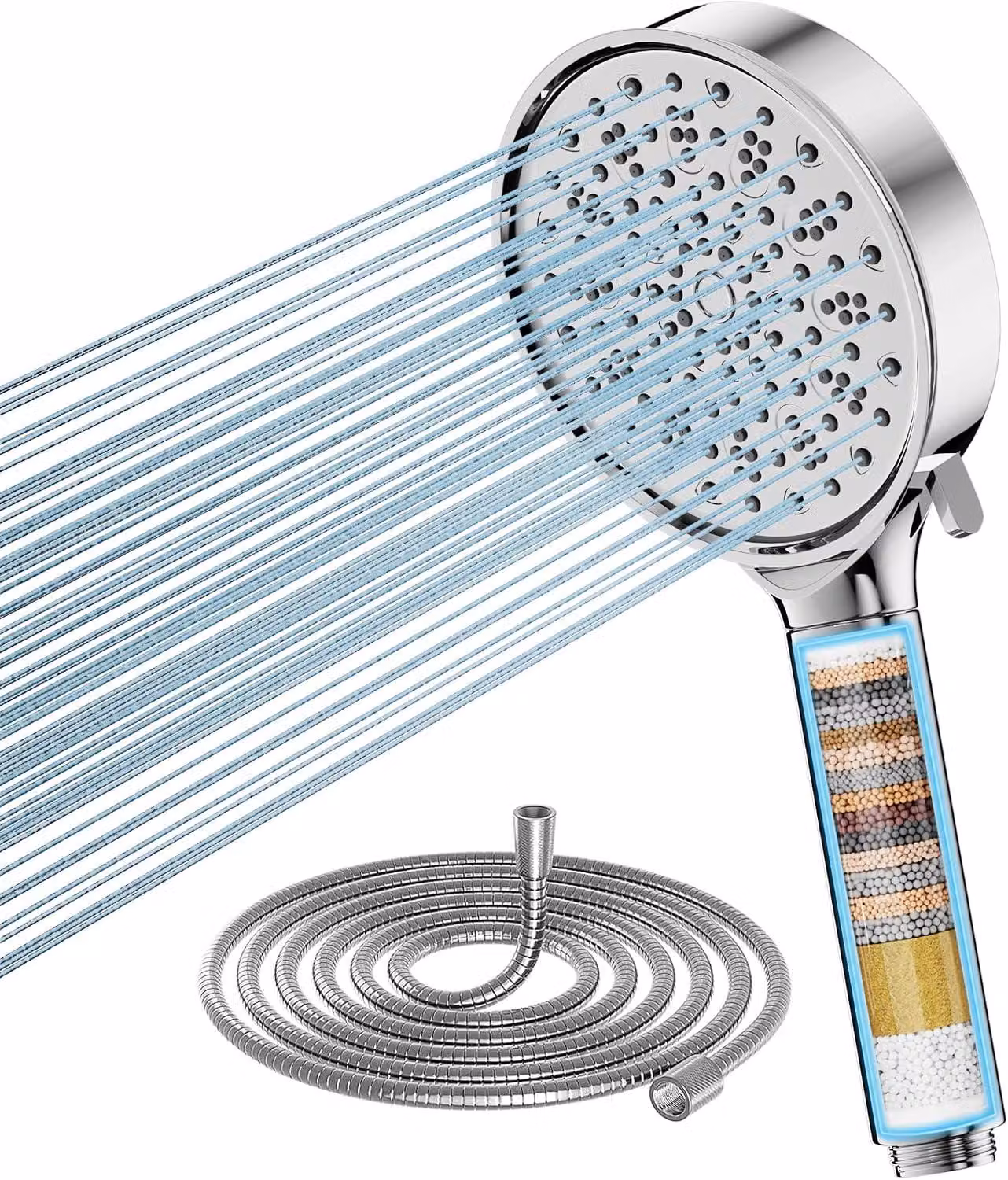 Doccia con filtro anticalcare - Dotata di un filtro a 20 stadi e di un tubo flessibile 1-5 metri - 6 tipi di getto - Risparmio idrico - Pressione elevata (cromata)