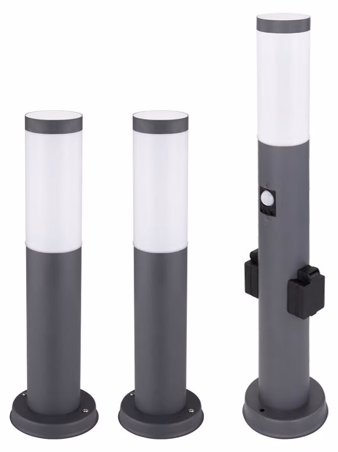 set di 3 luci da piedistallo, rilevatore di movimento, 2x prese di corrente, antracite H 60 cm