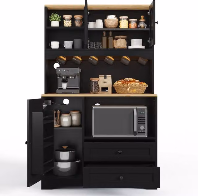 Mobile Dispensa 100x40x163 cm Nero con LED App, Vano Microonde, 2 Prese, 2 USB e 2 Cassetti