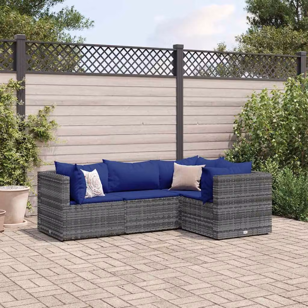 vidaXL Set Divani da Giardino a L 4 pz con Cuscini in Polyrattan e Struttura in Acciaio Grigio e Blu – 1