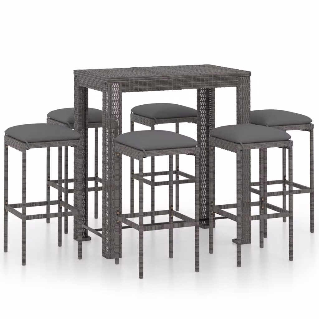 Set da Bar da Giardino 7 pz con Cuscini in Polyrattan Grigio