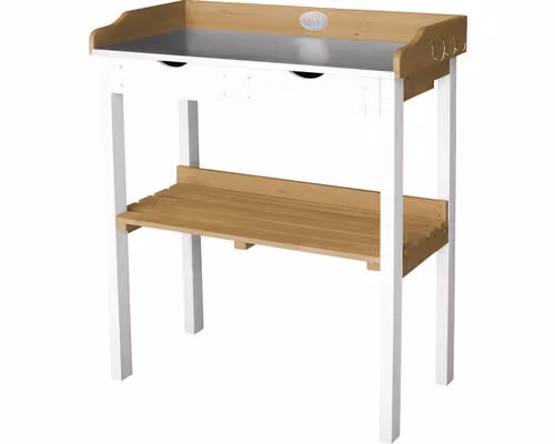 AXI Tavolo da vaso in legno con 2 cassetti in marrone e bianco | Tavolo per piante con piano di lavoro in zinco per esterno / giardino / balcone / terrazza / serra con spazio di stoccaggio