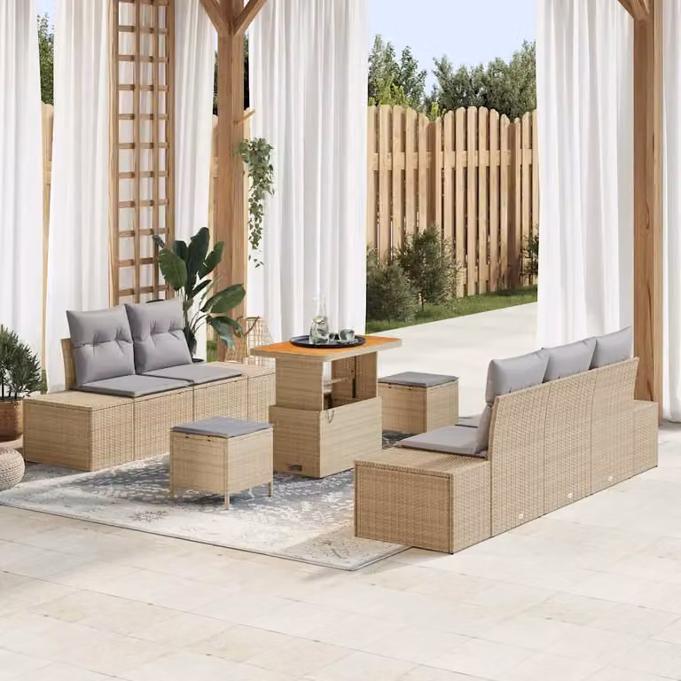 Set Divano da Giardino vidaXL 8 Pezzi Beige con Cuscini e Tavolino in Poly Rattan e Acciaio
