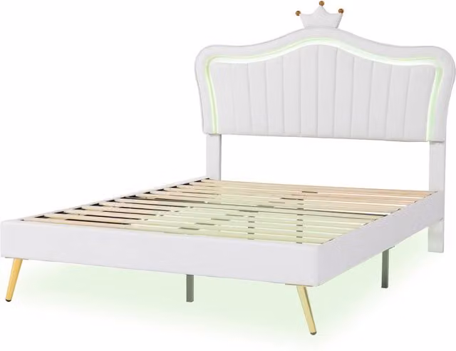 Letto imbottito per bambini 140x200 cm con LED; testiera regolabile e rete a doghe; bianco