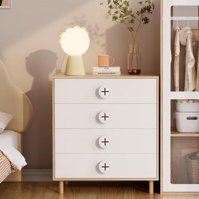 Cassettiera Merax per camera e cameretta dei bambini, 4 cassetti, mobile contenitore, piano laccato, credenza, 80×54×90 cm, bianco + natura