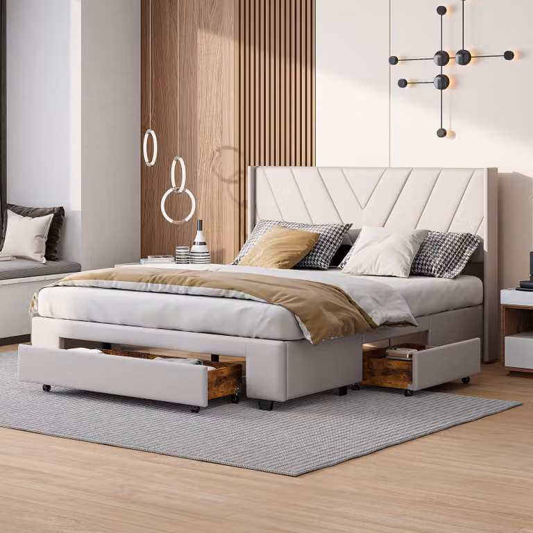 UnboxG Letto imbottito 140x200cm, letto matrimoniale con 3 cassetti e rete a doghe, letto in legno letto giovanile letto contenitore letto funzionale, biancheria, beige