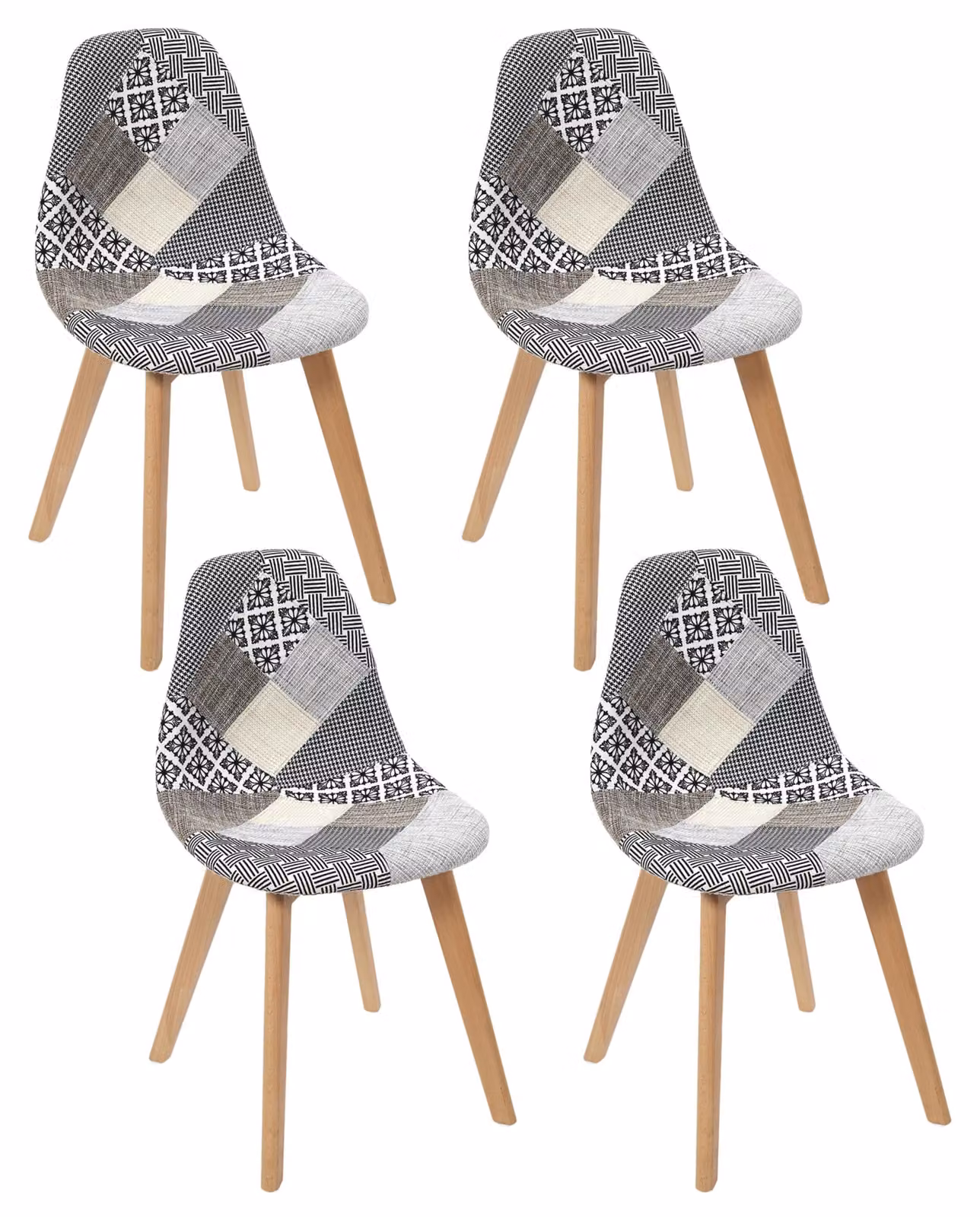 Set di 4 sedie patchwork, design scandinavo, dimensioni 58x86,5x47 cm, colore bianco/grigio