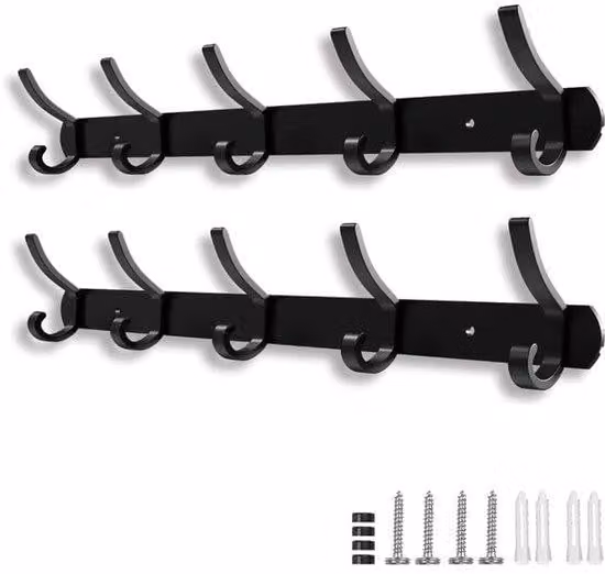 Supporto da parete in metallo nero, 2 pezzi, 5 ganci, 43 cm