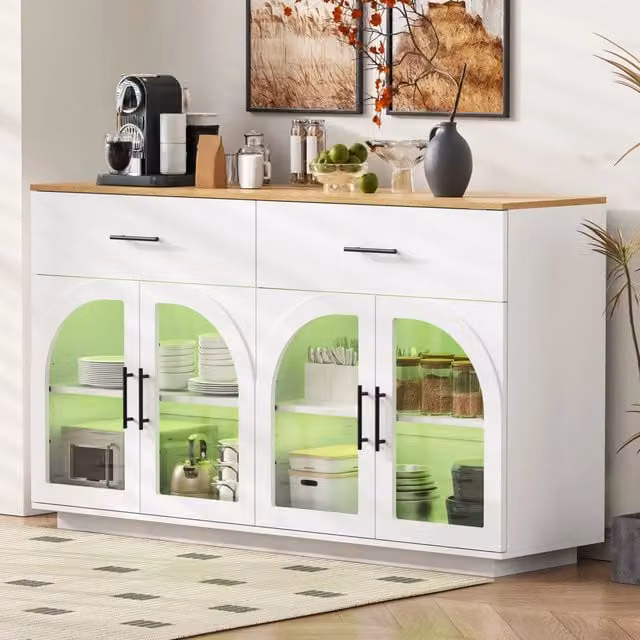 Sideboard da cucina bianco 147x40x86 cm con piano d'appoggio, striscia LED, 2 cassetti, 4 ante e ripiani interni per stoviglie e dispense