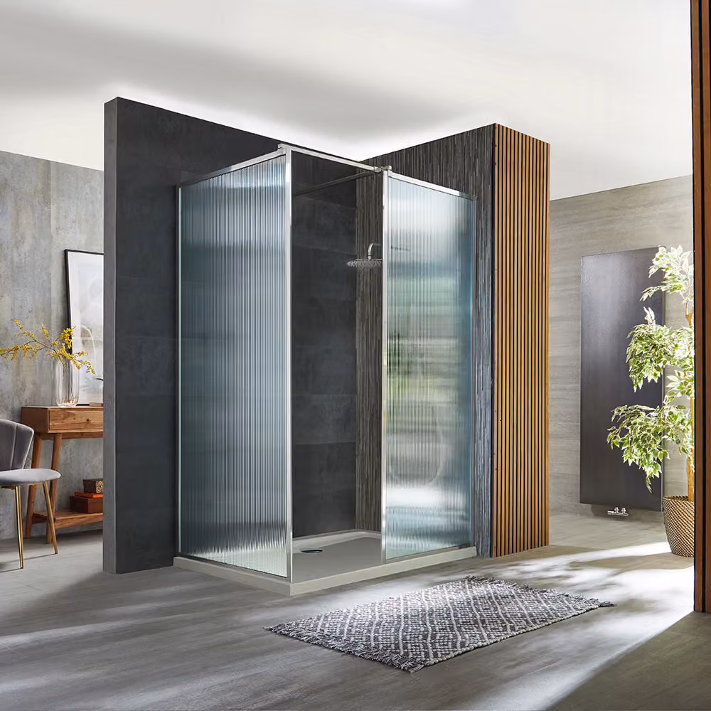 Box Doccia Walk-In Angolare Vetro Scanalato Telaio Cromato Piatto 1100x700mm