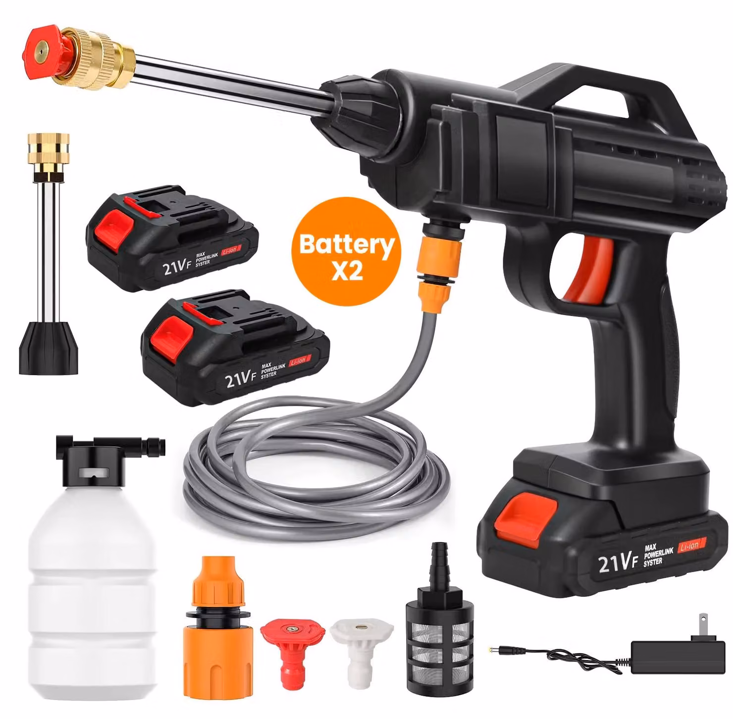 Idropulitrice senza fili - Pistola a pressione - 50 bar - 21 V - Ideale per il lavaggio auto - 2 batterie - Tubo flessibile da 5–10 metri
