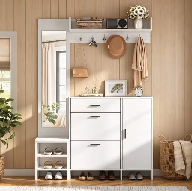 Mobile da ingresso ULEVR 140x30x200 cm con scarpiera, specchio, panca e 6 ganci, bianco