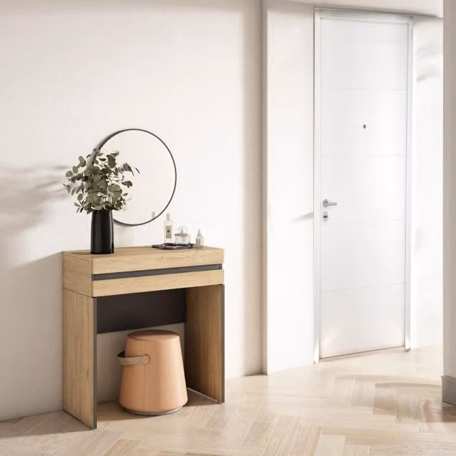 Tavolo da toeletta moderno SKRAUT HOME in legno color rovere con cassetto, L: 70 cm, P: 35 cm, H: 75 cm