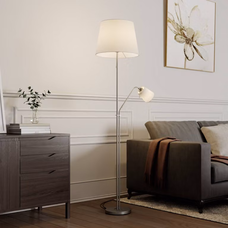 Lampada da terra Nantwin Lindby, Bianco / Opale, Soggiorno / Sala da pranzo, Tessuto / Stoffa / Seta, Moderno, Lampada da terra