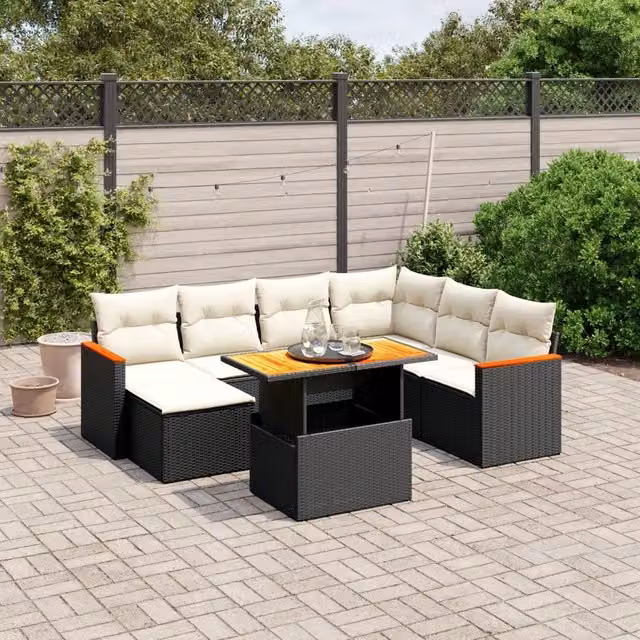 Set di divani da giardino a L VIDAXL in polyrattan nero con 8 cuscini