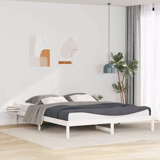 Letto moderno vidaXL in pino massello bianco con tavolini laterali L/P/H: 200 x 220 cm – 1