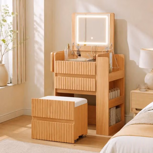 Toeletta REDOM con specchio LED pieghevole e sgabello, colore beige, L: 120 cm, P: 40 cm, H: 79 cm