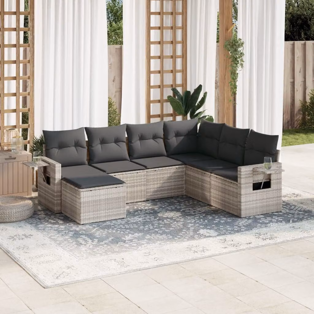 vidaXL Set Divani da Giardino 7pz in Polyrattan con Cuscini Grigio con Tavolino e Ottoman – 1