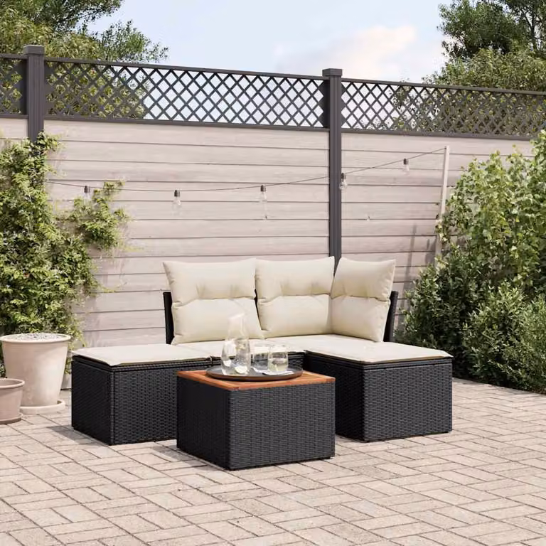 vidaXL Set Divani da Giardino 5 pz a Forma a L in Polyrattan Nero con Cuscini e Tavolino