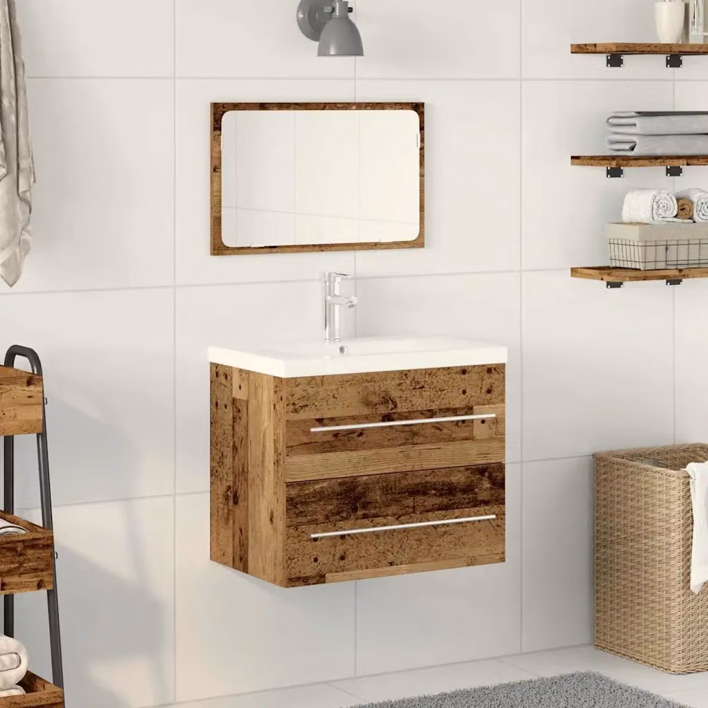 Set di 2 mobili per lavabo da bagno vidaXL in legno e metallo marrone stile moderno con cassetti e ante, sospesi a parete