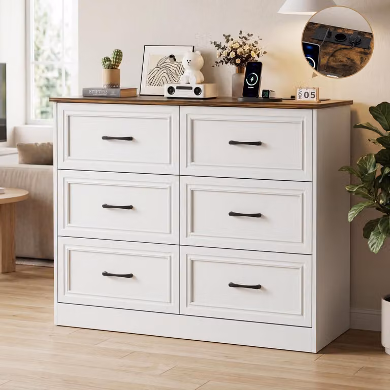 Comodino con 6 cassetti, presa di corrente (2 USB, 2 AC), legno, color marrone e bianco, dimensioni 106 x 81,5 x 39 cm