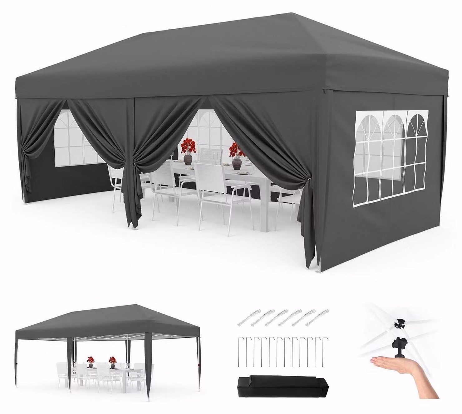 Gazebo da esterno 3x6 metri, impermeabile, con 6 pareti laterali, protezione UV 50+, colore grigio