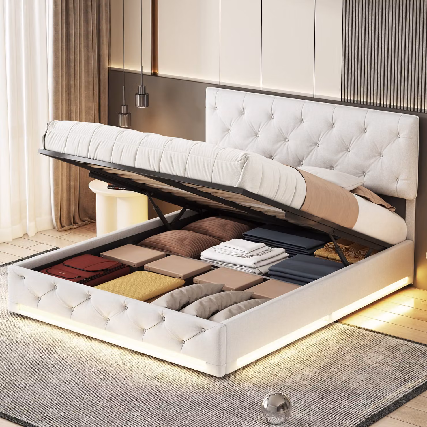 Letto 160x200 cm con contenitore, rete a doghe e testiera LED, color beige