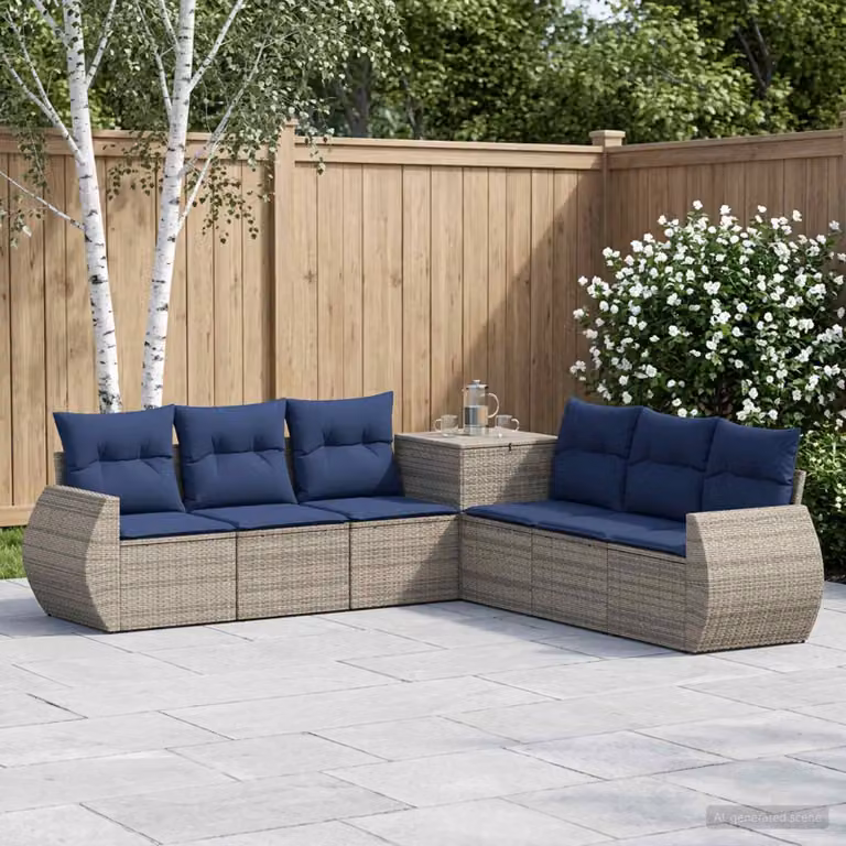 Set di divani da giardino vidaXL a forma di L con 7 pezzi, colore grigio e blu, in rattan sintetico e acciaio verniciato a polvere con cuscini inclusi