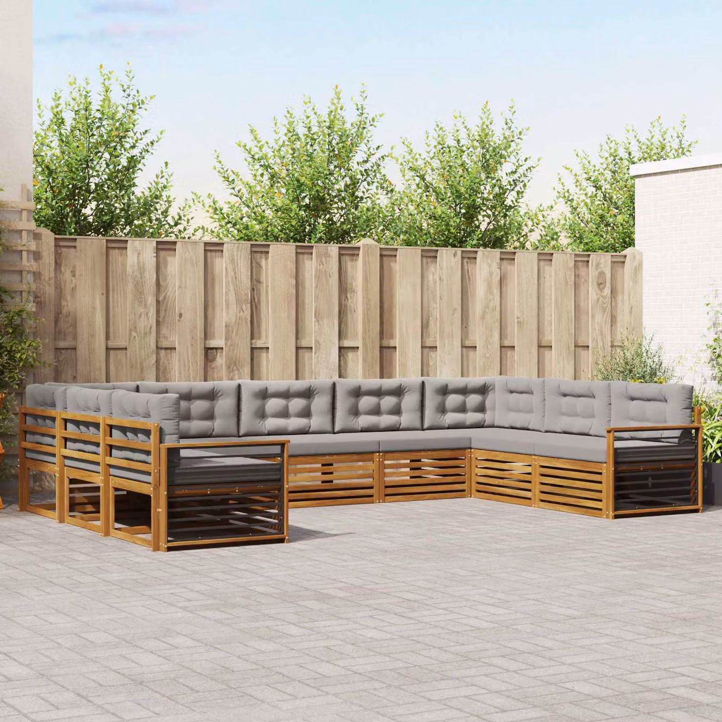 Set di divani da esterno vidaXL 9 pz in legno di acacia con cuscini, forma a L, Grigio e Marrone