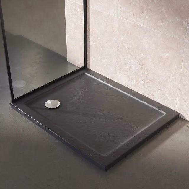 Piatto doccia rettangolare Parama in acrilico effetto pietra nero con superficie antiscivolo L: 170 cm, P: 70 cm – 1
